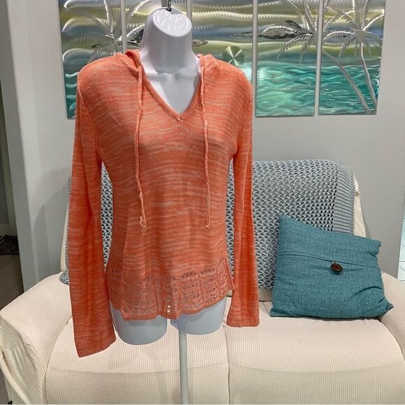 Hooked Up by lOT Peach Mal Open Knit V-Neck Hooded Sweater Size Small - Picture 4 of 13